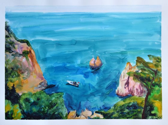 Greece seascape big original watercolor painting, coastal home decor