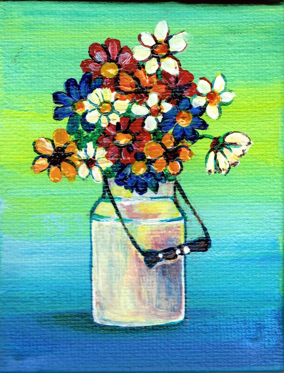 flowers in white milk urn, original acrylic miniature painting, still life