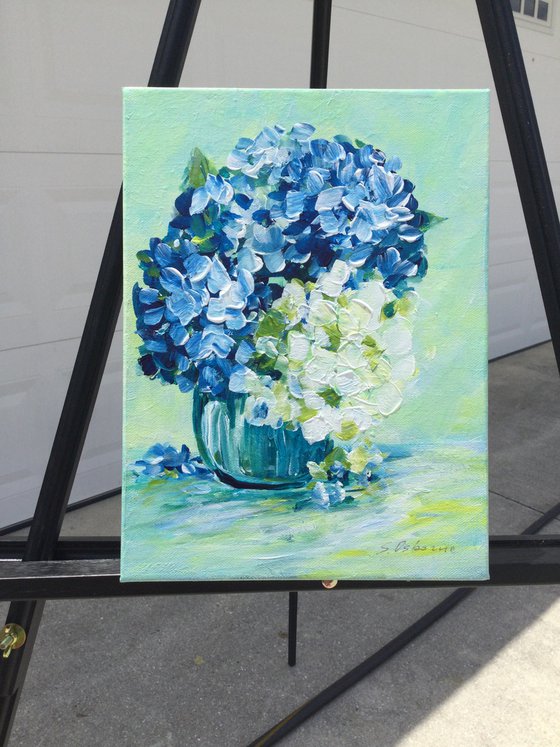 White and Blue Hydrangea Small Painting on Canvas. Impressionistic Stile Flowers Abstract Floral. Modern Impressionism Contemporary Art