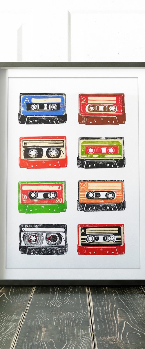 Linocut tapes #39 (cassette tapes, retro music, 70's, 80's rock culture) by Carolynne Coulson