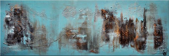 Forgotten Worlds  - abstract acrylic painting, canvas wall art, blue brown gold, framed modern art