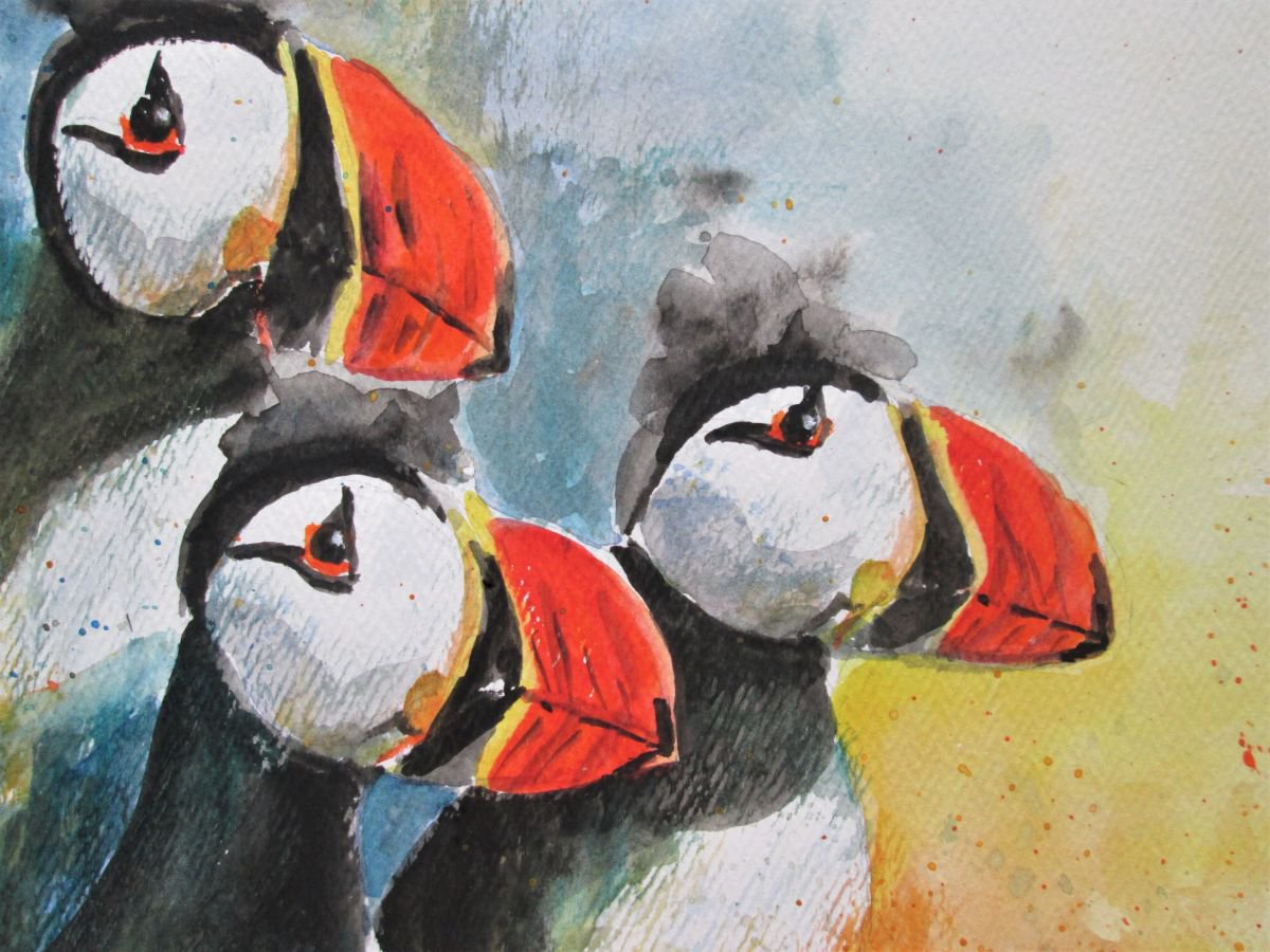 Expressive Animal Watercolour By Marjansart, 12 X 8", Three Atlantic Puffins, Original Artwork