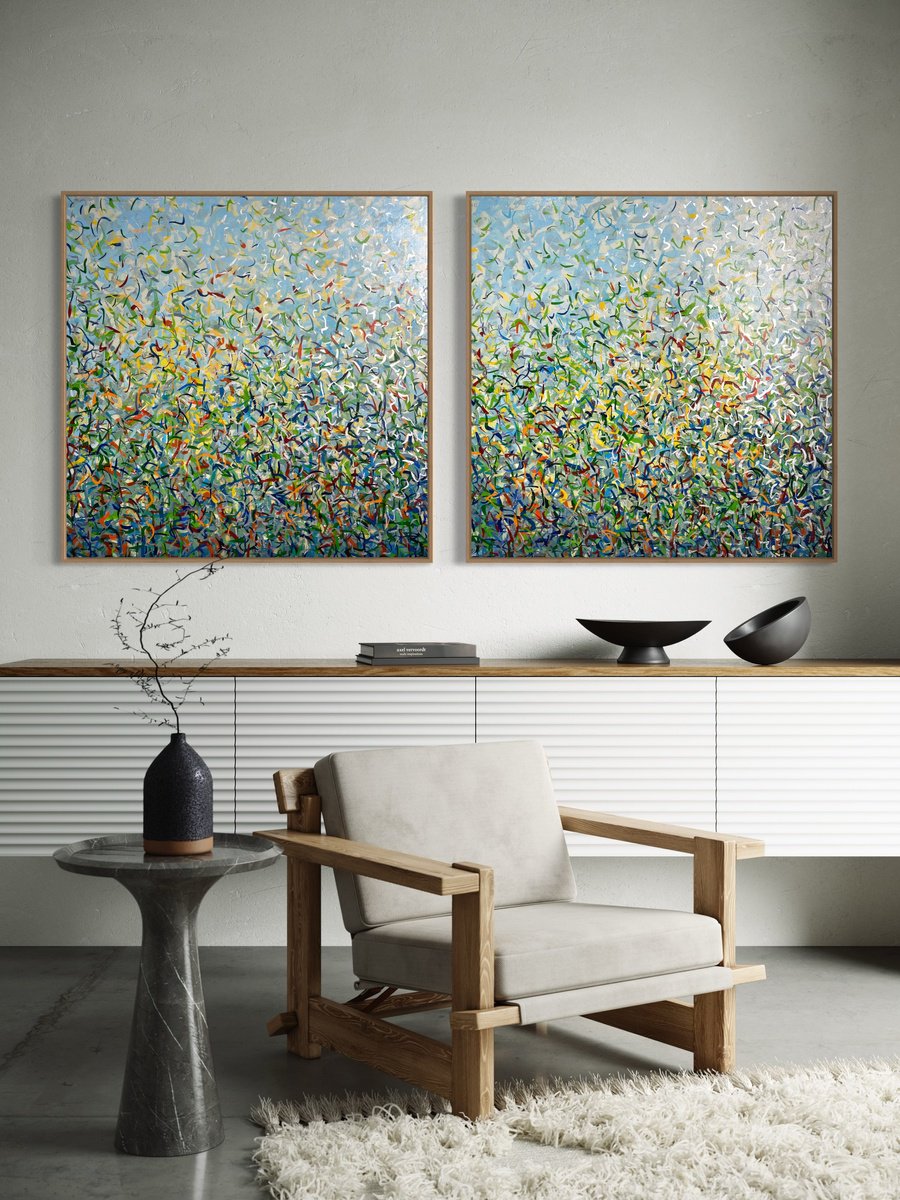 Abstract Painting By George Hall, 80 X 40, Silver Garden Duo, Original Artwork
