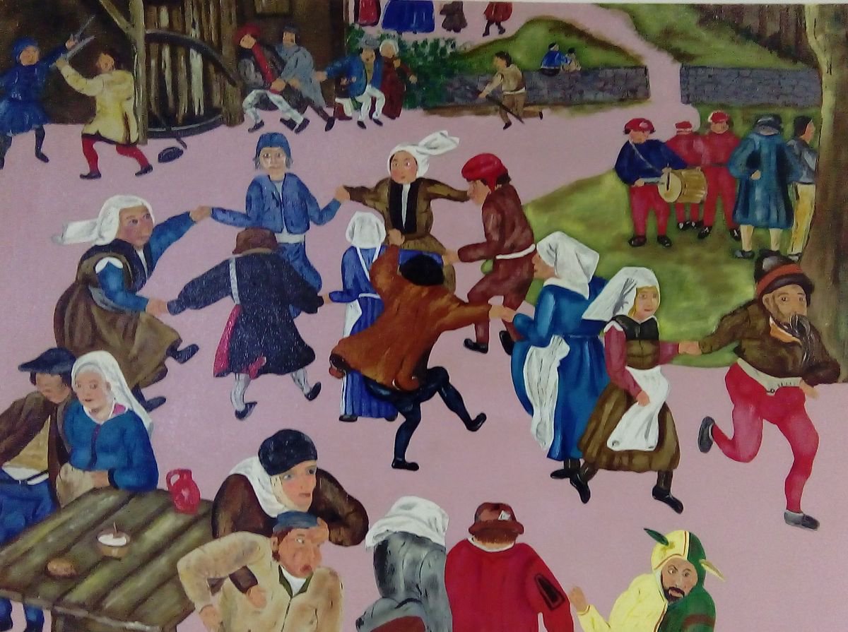 Naive Portrait Oil Painting By Corinne Hamer, 32 X 24, Village Dance, Original Artwork