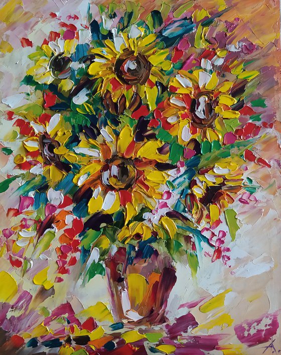 The lights of a sun - sunflowers, oil painting, flowers, sunflowers oil painnting, bouquet