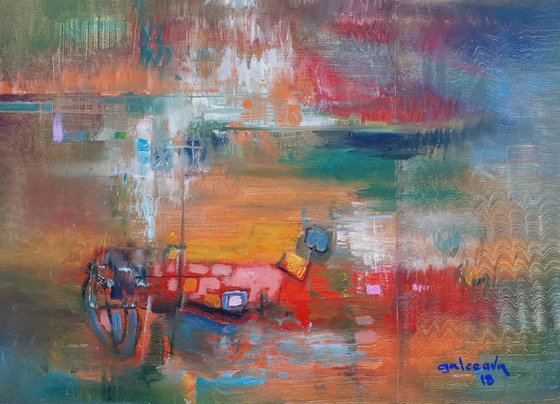 Iridescence No.2, rainbow-like colours, calm and meditation abstract art, orange pink tones