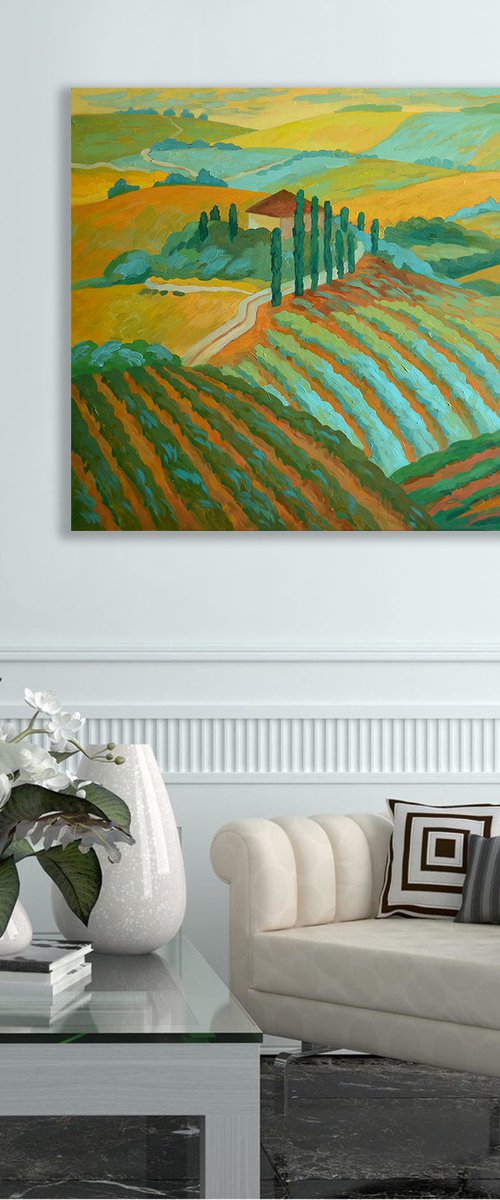 Vineyards of Tuscany 80x100 cm Impressionistic Landscape Large size Spring warm yellow green ohre by Julia Logunova