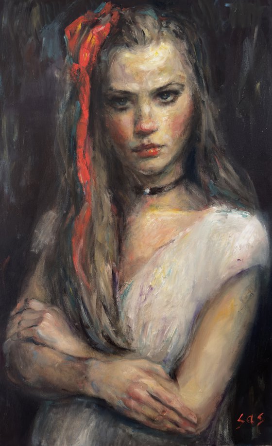 Girl with a red bow. After.