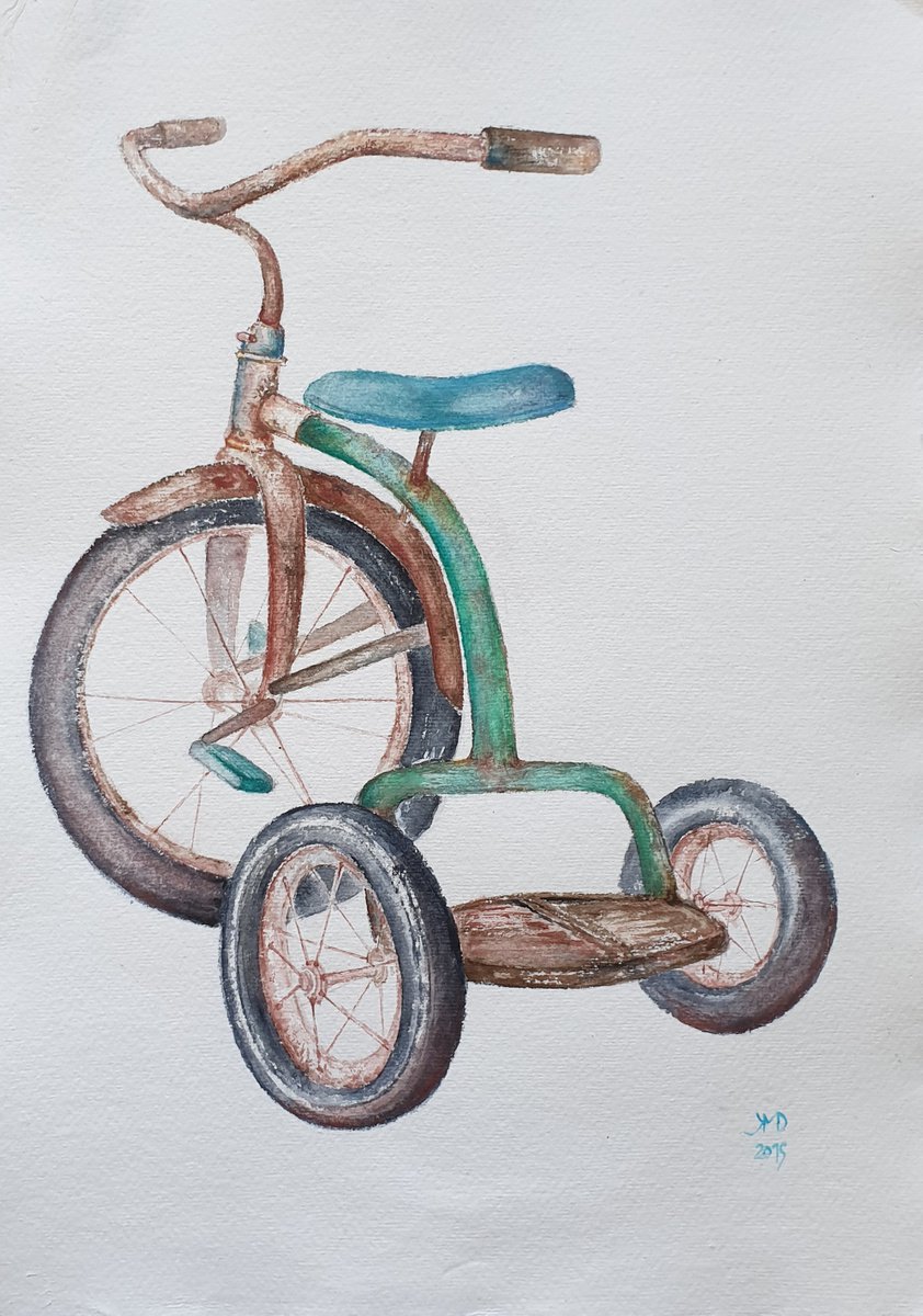 Illustrative Still Life Watercolour By Ksenia June, 11 X 17", Nostalgie Series - Tricycle, Original Artwork
