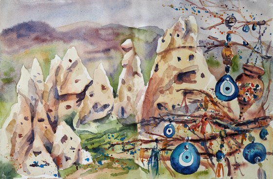 Mountain landscape in Cappadocia, Turkey - original watercolor