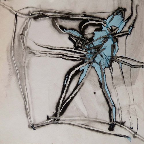 Blue Square Abstract Drawing, 40x40 cm by Frederic Belaubre