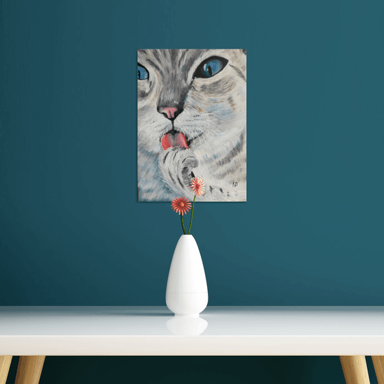 Cat's pleasure, animal portrait, gift, small, original oil painting