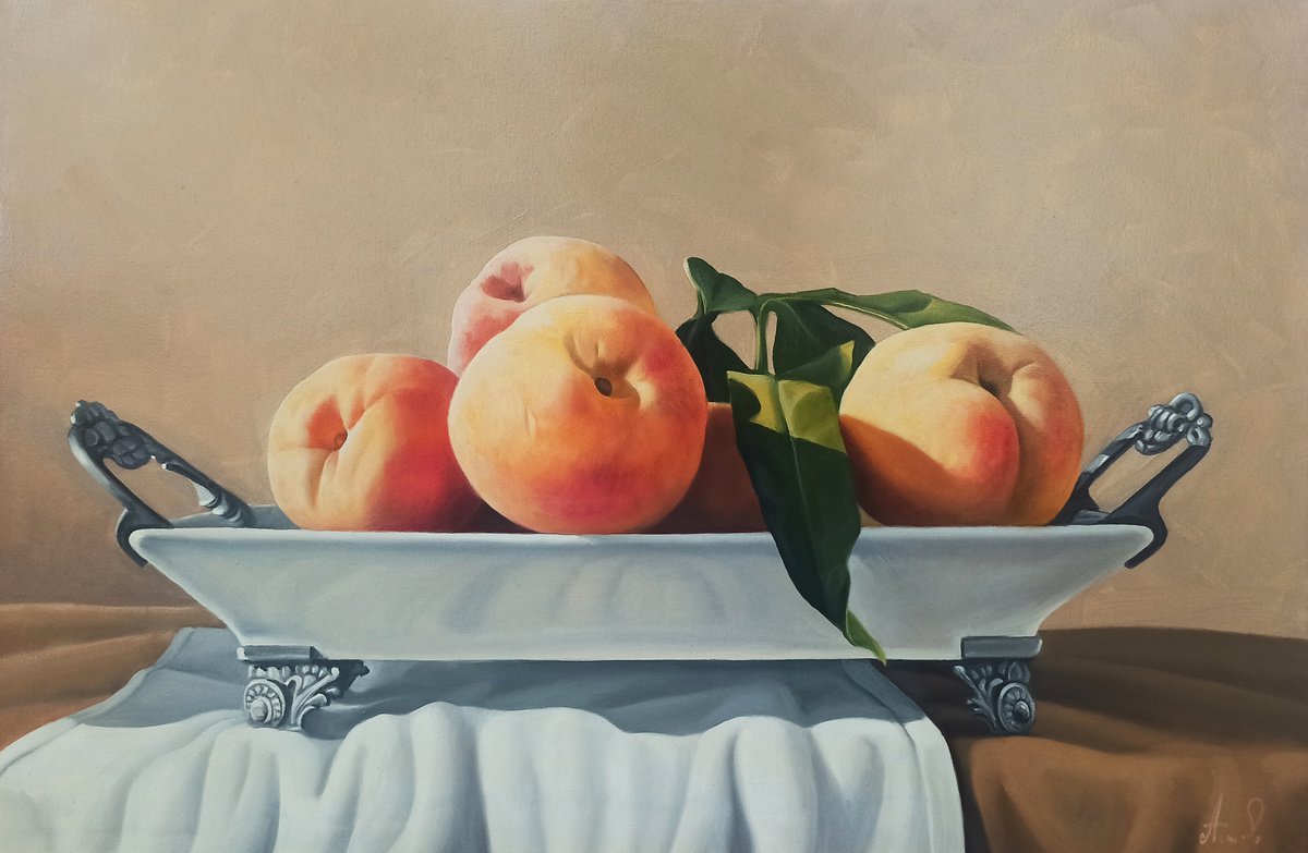 Photorealistic Still Life Oil Painting By Tamar Nazaryan, 24 X 16", Still Life With Peaches-2, Original Artwork
