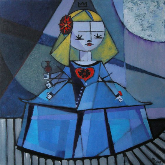 Blue Menina and a Small Red Bottle. From a serie "Meninas". Inspired by Diego Velázquez and Picasso - Sold to a collector in Johnson City, NY, USA.