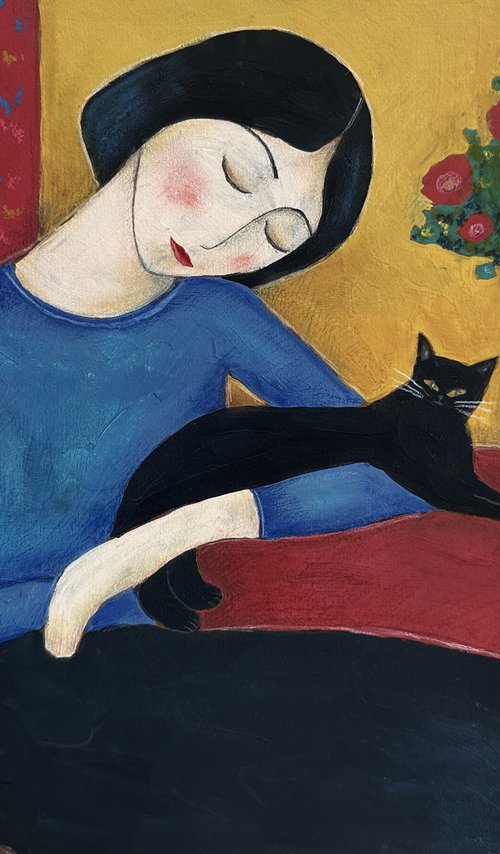 Girl with a Black Cat by Irina Anis