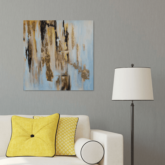 Scandinavia, Abstract Painting Grey Black Gold Wall Art Abstract Cityscape Artwork 70x70 cm ready to hang