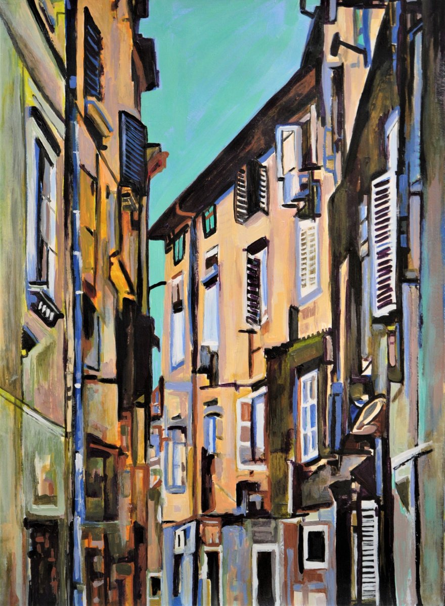 Urban And Pop Cityscapes Acrylic Painting By Alexandra Djokic, 20 X 27, Mediterranean Street, Original Artwork