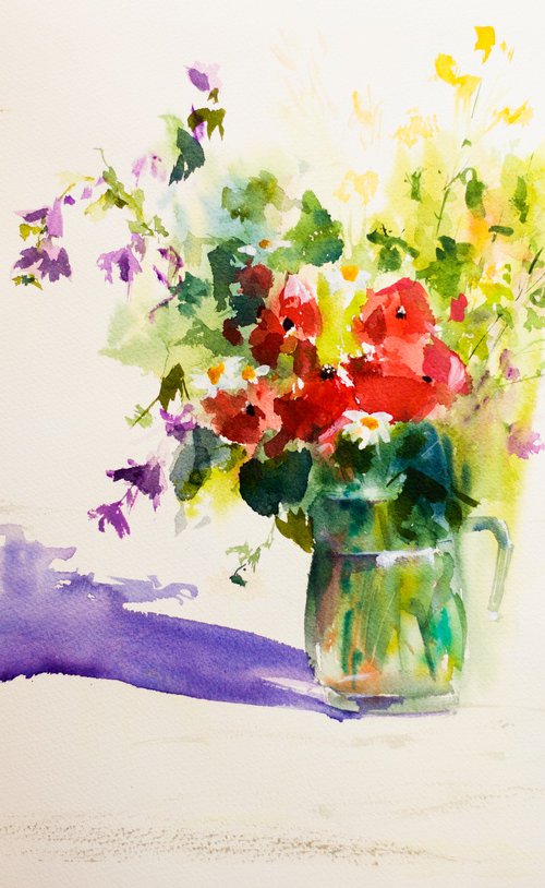 Wild flowers bouquet with poppies and malva. Sunny bright medium size summer painting by Sasha Romm