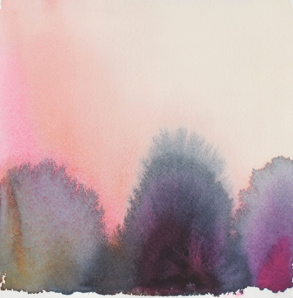 Abstract Landscape Watercolour By Fabienne Monestier, 8 X 8, Pink Winter, Original Artwork