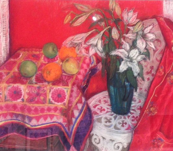 RED STILL LIFE WITH ORANGES AND APPLES