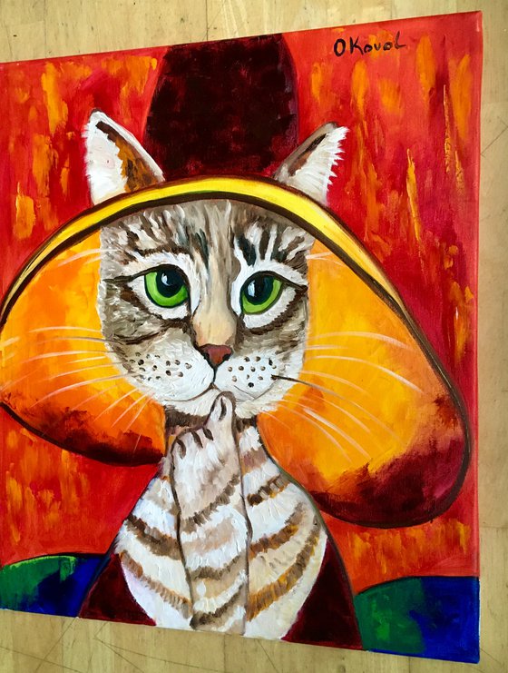 Cat - thinker at in a hat,  inspired by Amedeo Clemente Modigliani