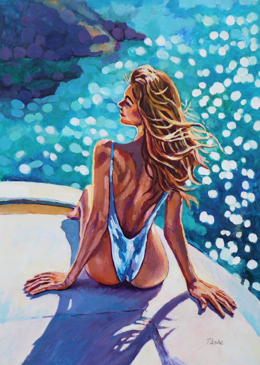 Urban And Pop Portrait Acrylic Painting By Tashe, 20 X 28", Shimmering Sea, Original Artwork