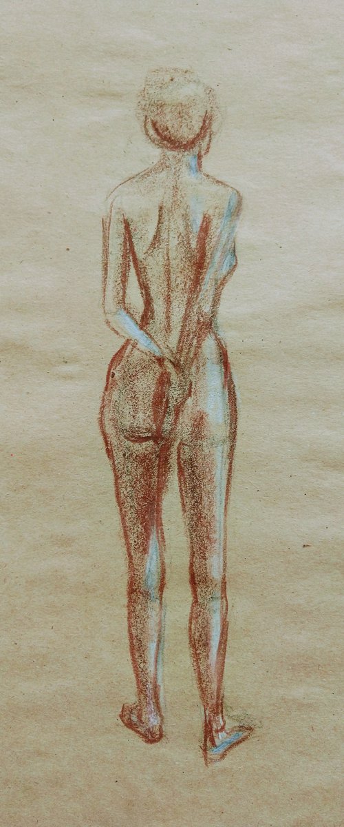 Nude. Sketch. Original pastel drawing on beige paper by Yury Klyan