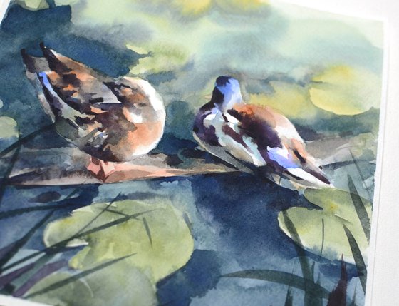Couple of ducks on the river, Watercolor painting