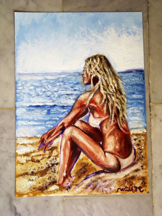 SEASIDE GIRL - Meditation time - Thick oil painting - 29.5x42cm