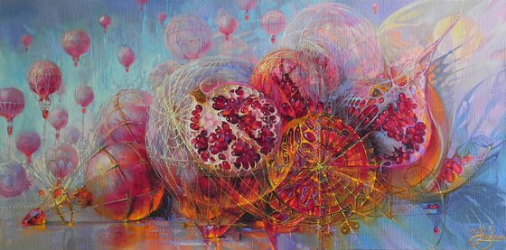 "Flying pomegranate" Original art Oil on canvas Contemporary home decor