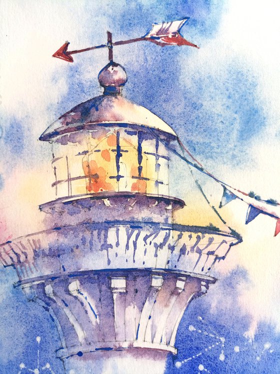 "Lighthouse on the background of the sunset sky" original watercolor