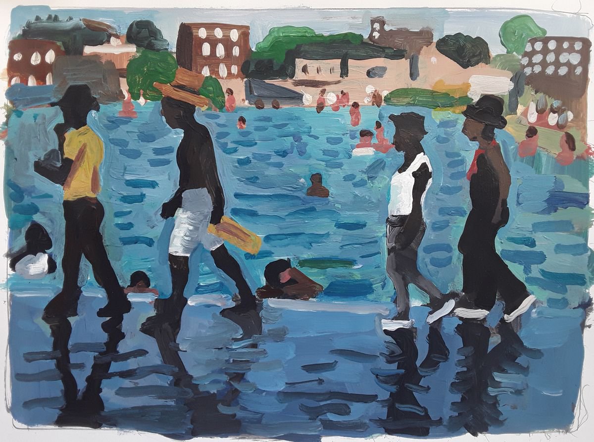 Impressionistic Landscape Acrylic Painting By Stephen Abela, 16 X 12", Public Pool, Original Artwork