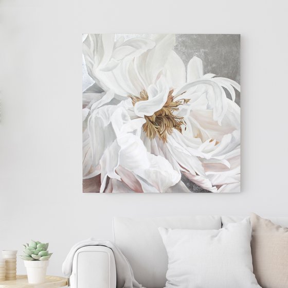 "Silver silk flowers 3" White peonies art