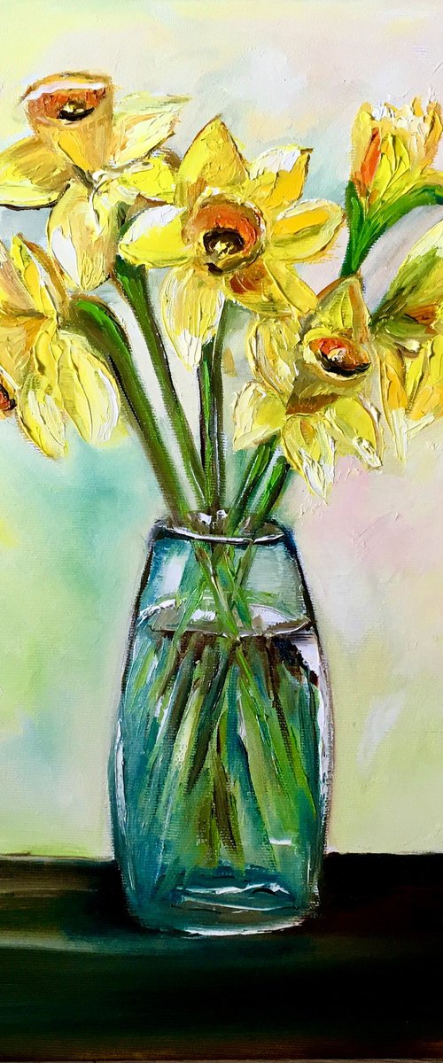 Bouquet of Daffodils #3 on wooden table, still life inspired by spring in a glass. by Olga Koval