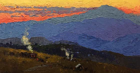 Evening in Mountains. Ukrainian Carpathian Oil painting Palette knife