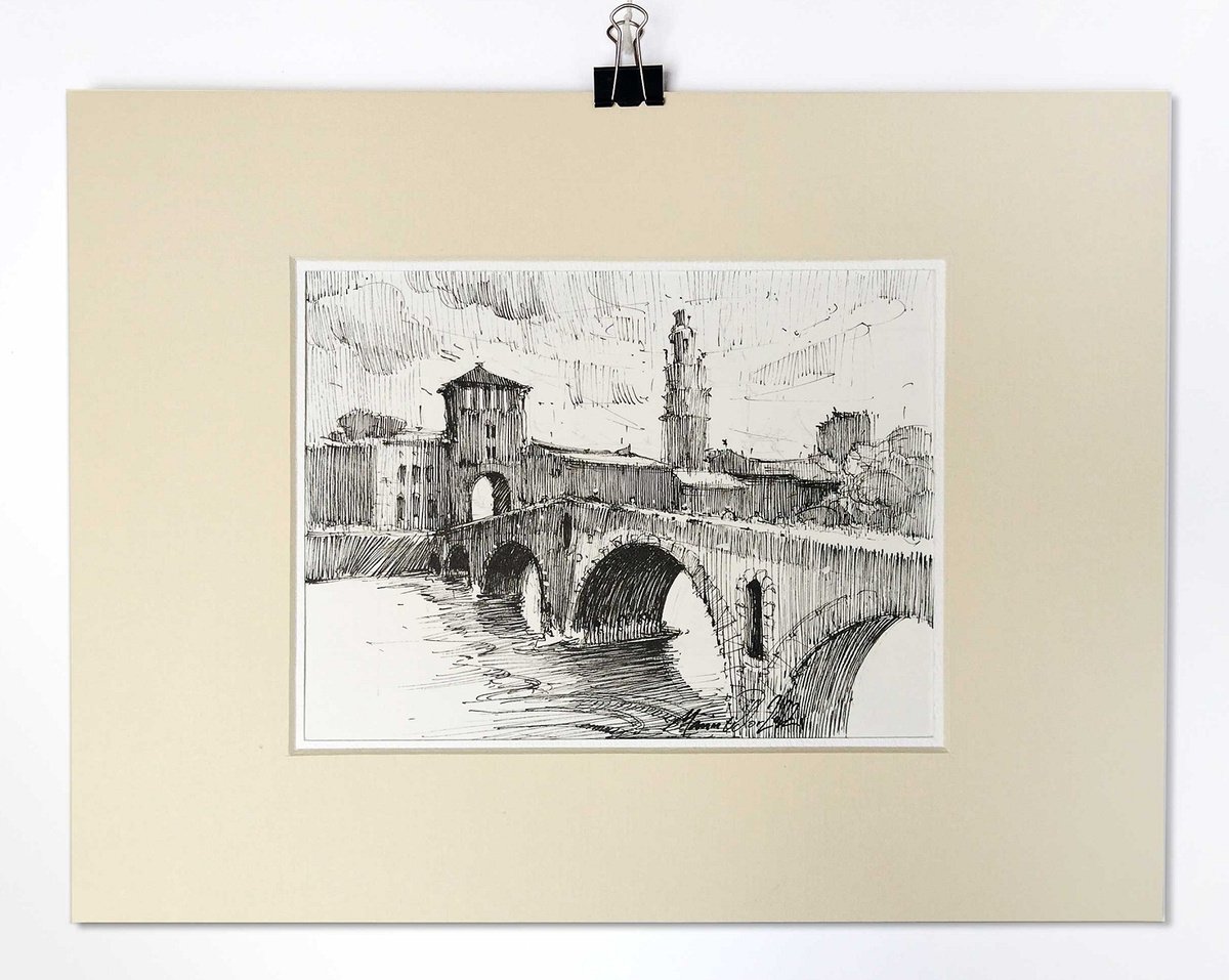 The Ponte Pietra over the Adige River at Verona, travel sketch drawing of Italy by Marin Victor