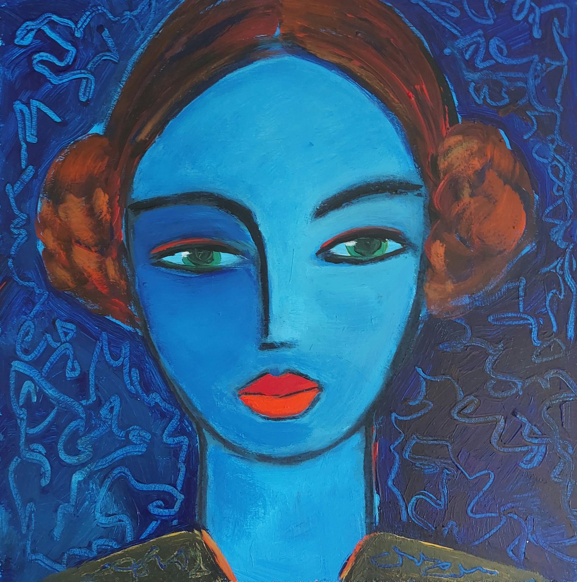 Surrealistic Portrait Acrylic Painting By Nelly Van Nieuwenhuijzen, 12 X 12", Blue, Original Artwork