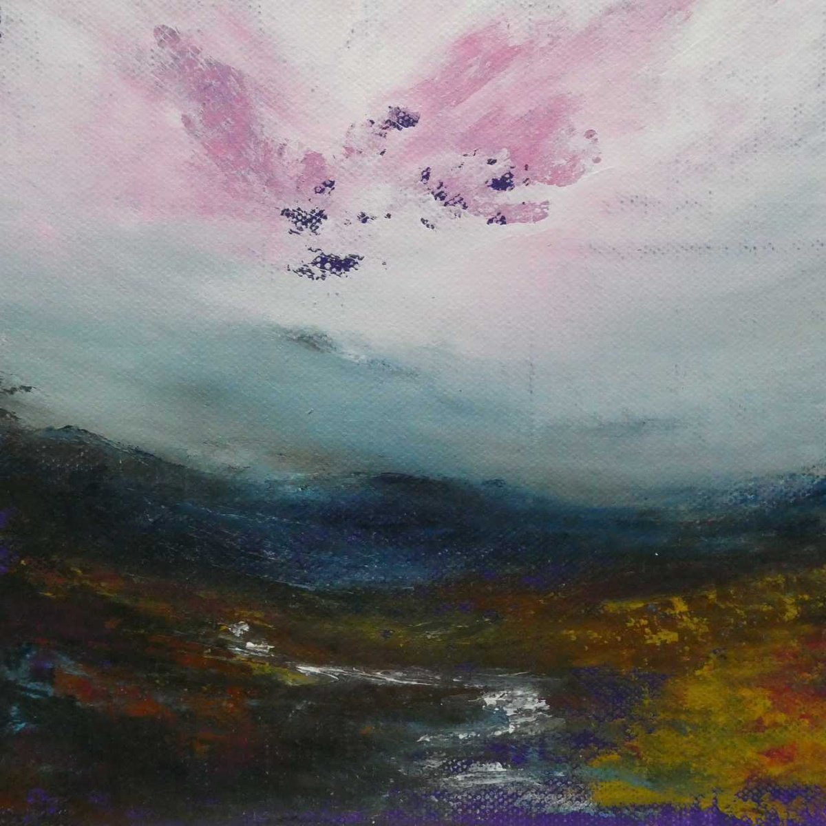 Impressionistic Landscape Acrylic Painting By Oconnart, 10 X 10", Pink Sky Over The Moors, Original Artwork