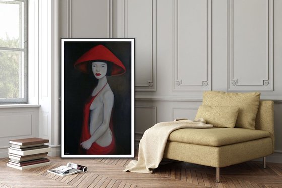 Oriental lady wearing a red hat and dress