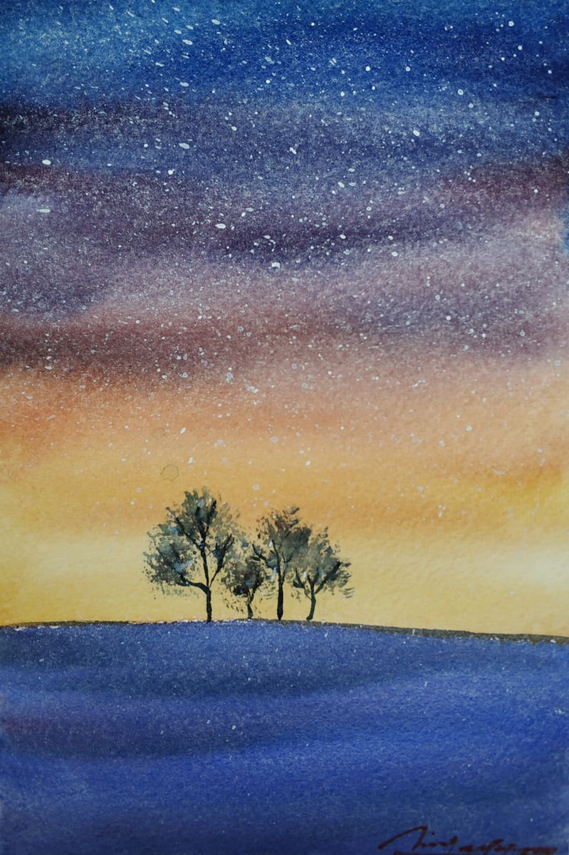Impressionistic Landscape Watercolour By Jing Chen, 7 X 11, Trees, Original Artwork