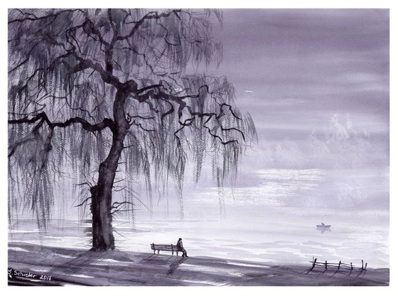 Landscape with a weeping willow tree. # 5. Watercolour landscape painting