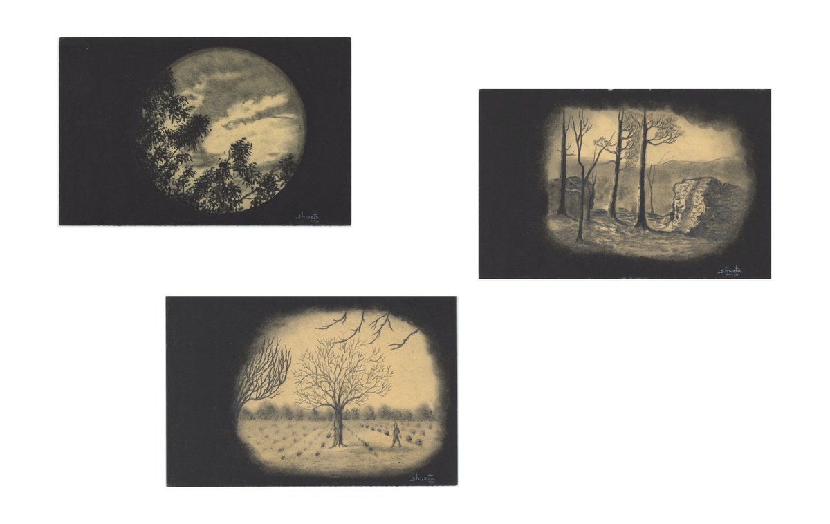 Landscape postcard series charcoal drawing by Shweta  Mahajan