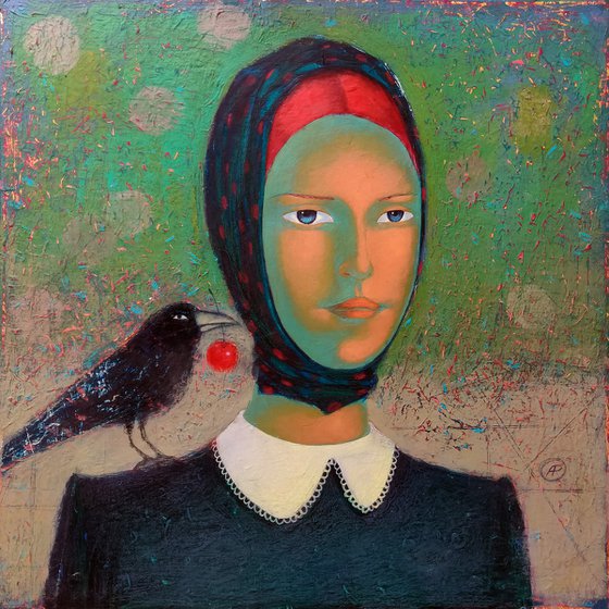 Lady with a Raven - 50x50 cm acrylics on canvas