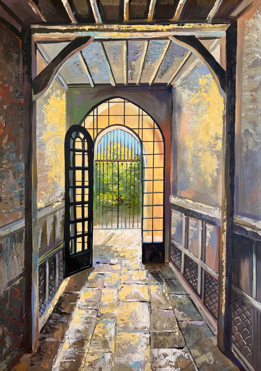 Impressionistic Landscape Acrylic Painting By Maria Kireev, 31 X 43", Portal At Beit Jamal Monastery, Original Artwork