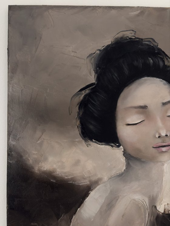 Abstract Geisha Portrait impasto brown tones