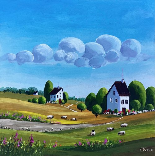 Naive country landscape. Acrylic painting. 8x8 by Tetiana Vysochynska
