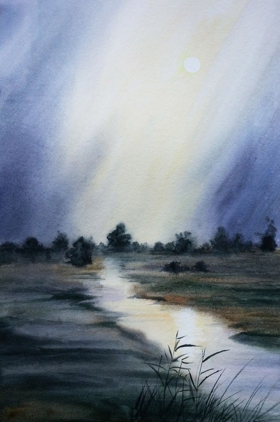 River painting landscape - serene scene – water - watercolor - rural landscape - half-light – twilight