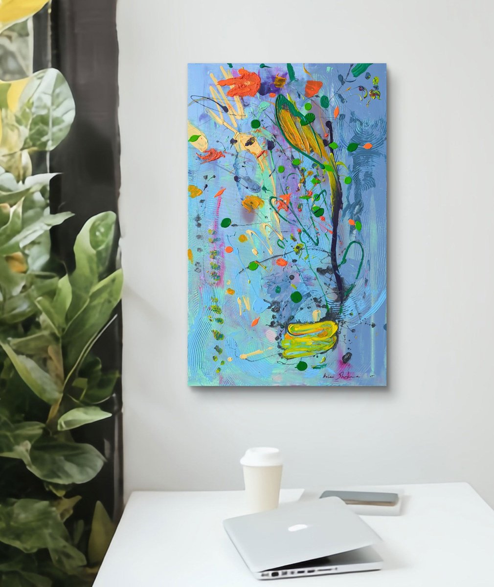 Organic Botanical Acrylic Painting By Helen Shukina, 20 X 31, Cactus, Original Artwork