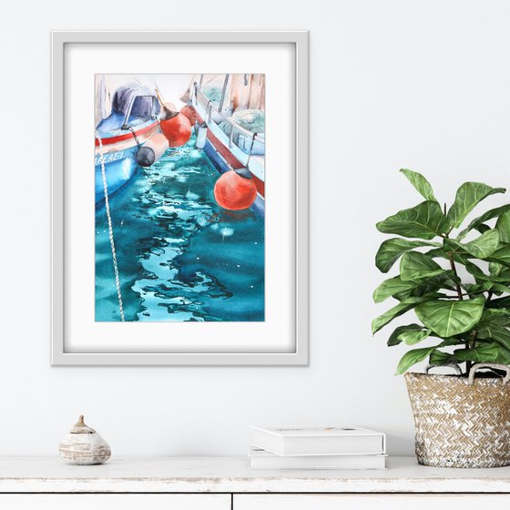 Reflections, boats and the sea. Original watercolor artwork.