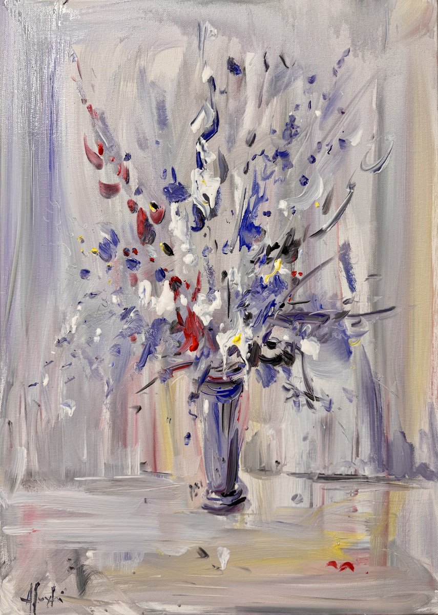 Expressive Botanical Acrylic Painting By Altin Furxhi, 20 X 28, Morning Bouquet, Original Artwork